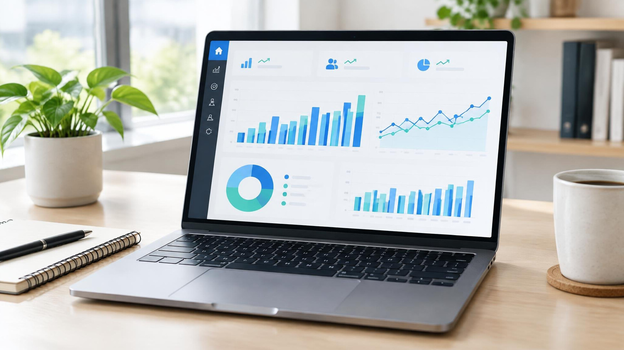 Analytics dashboard with charts on a laptop screen