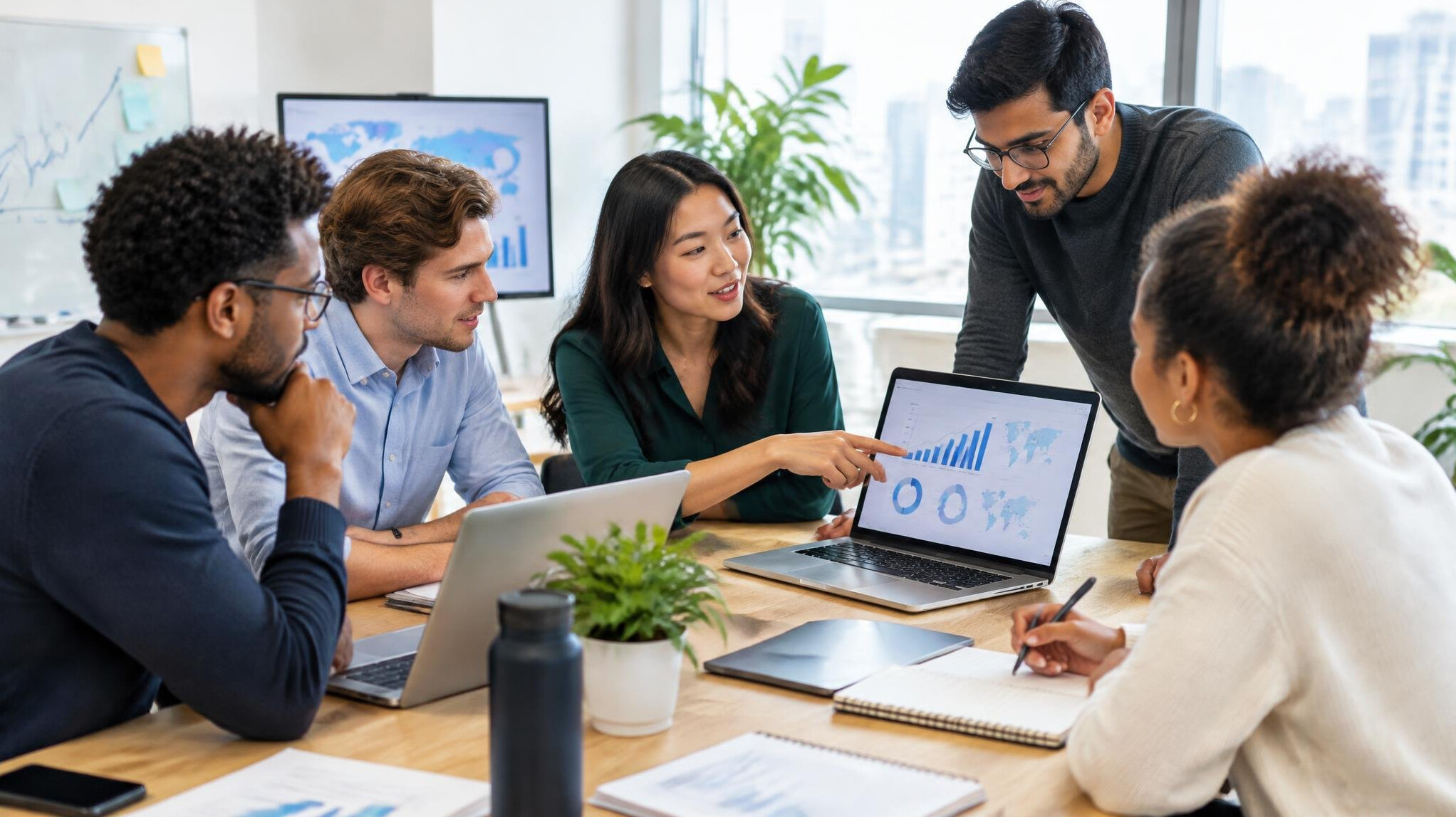 Team meeting around a table with laptops