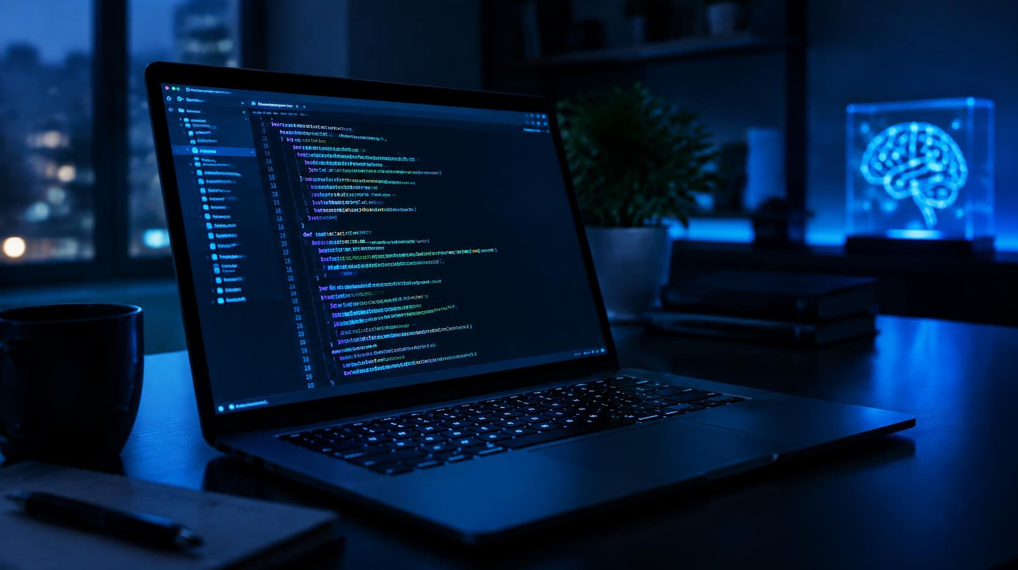 Laptop with glowing code in a dark room