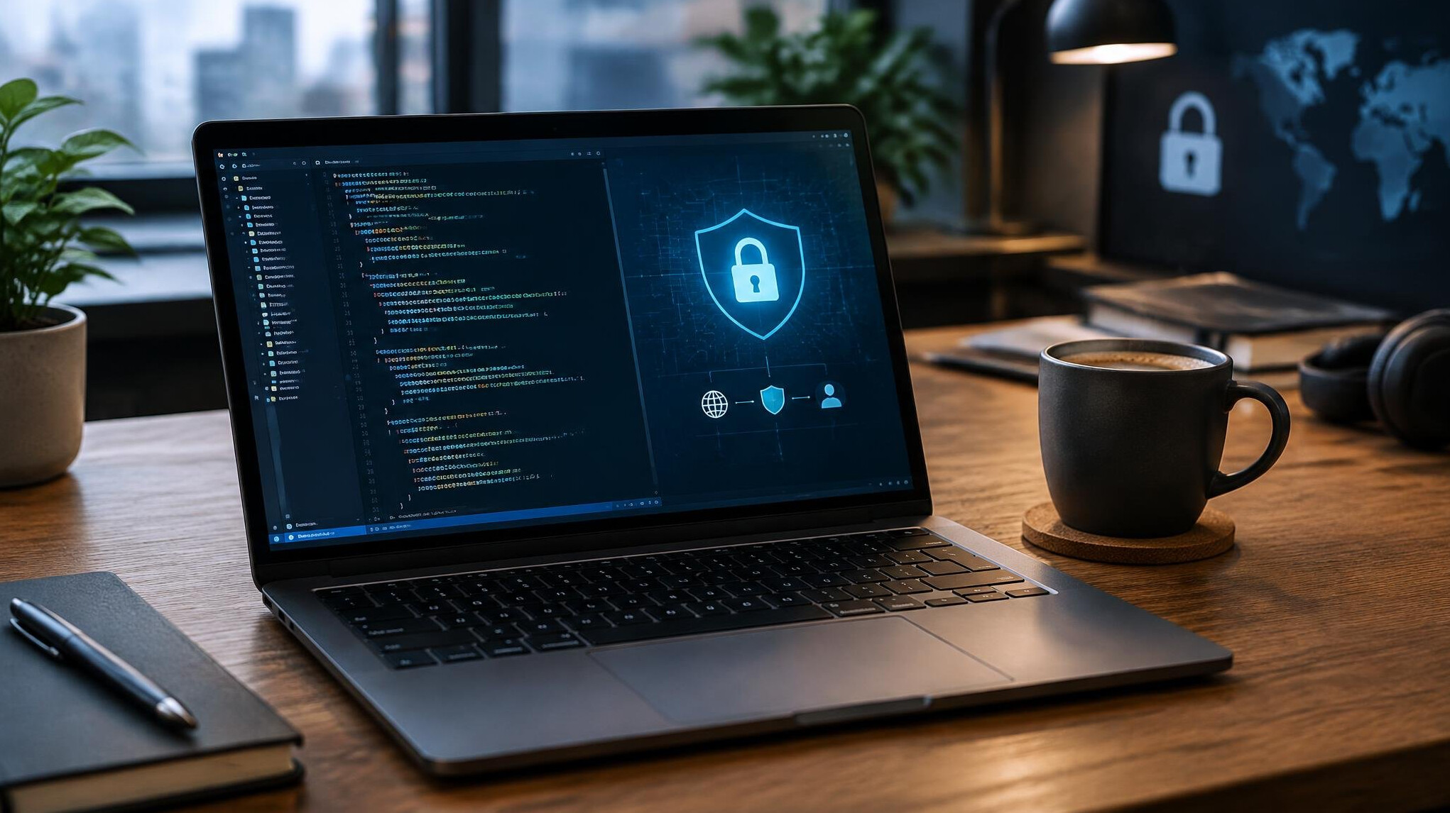 Laptop with programming code and a cup of coffee