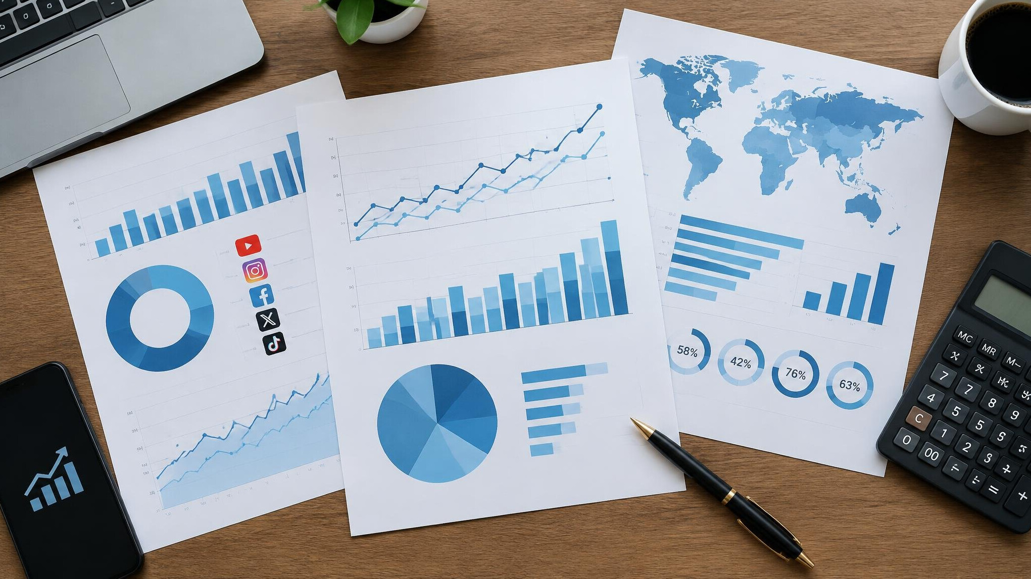 Printed charts and graphs spread on a desk
