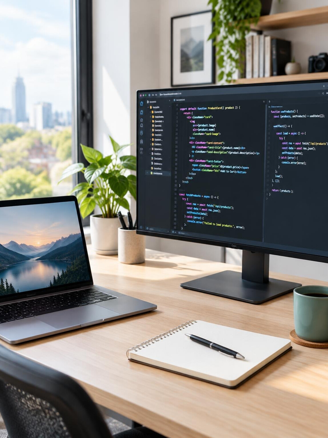 Developer analysing source code on a monitor in a bright office