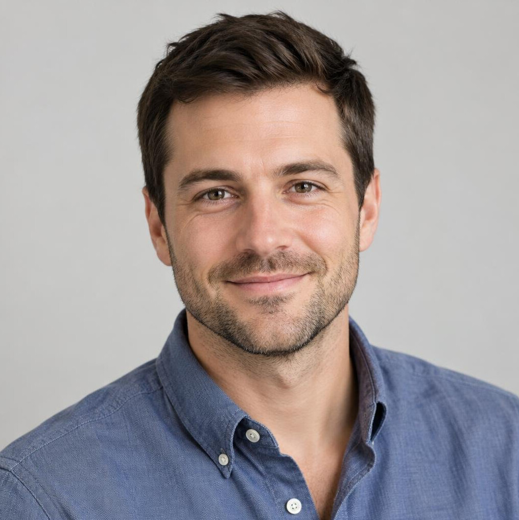 Portrait of a man with short hair smiling