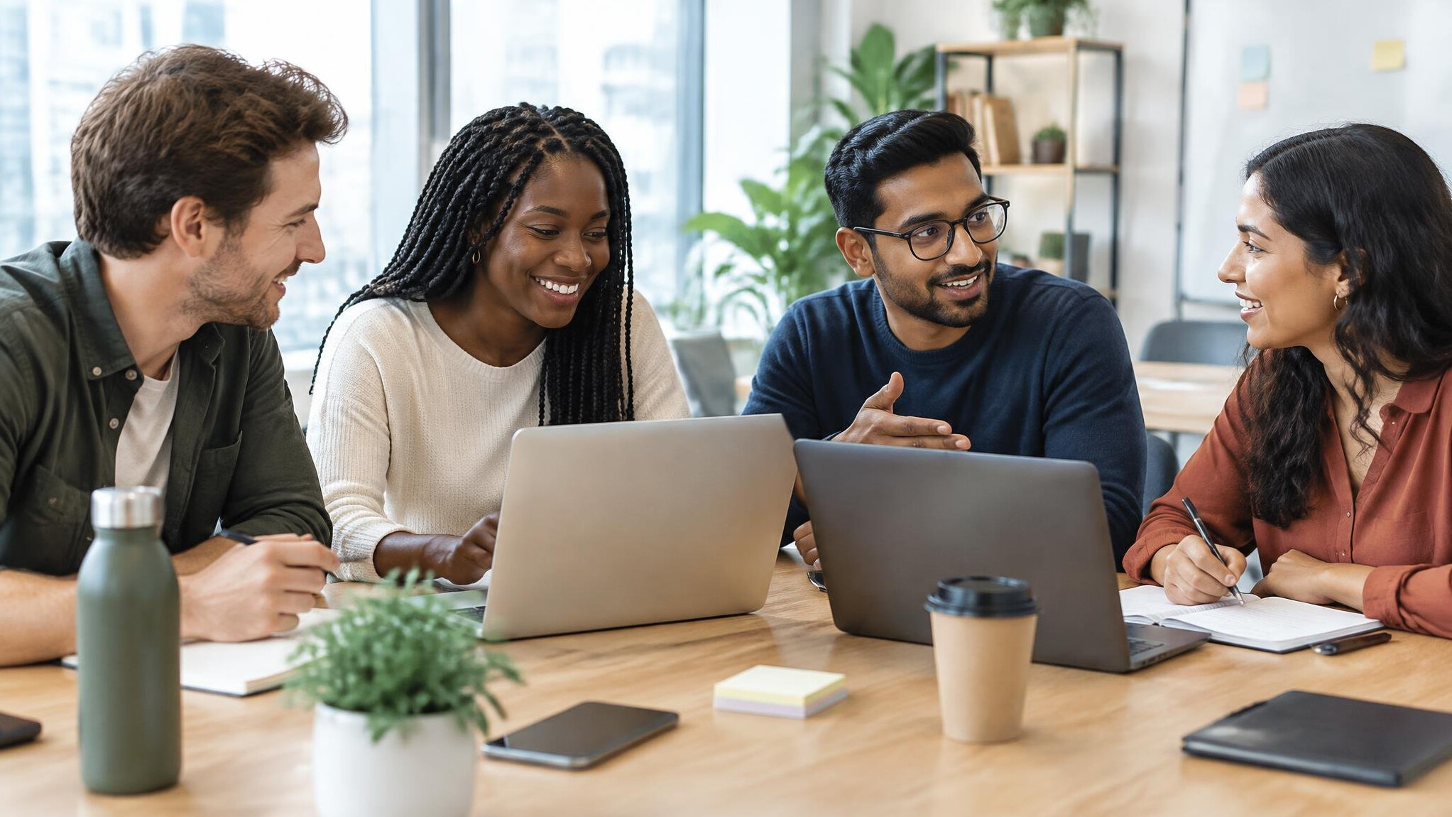 Colleagues working together around a table with laptops