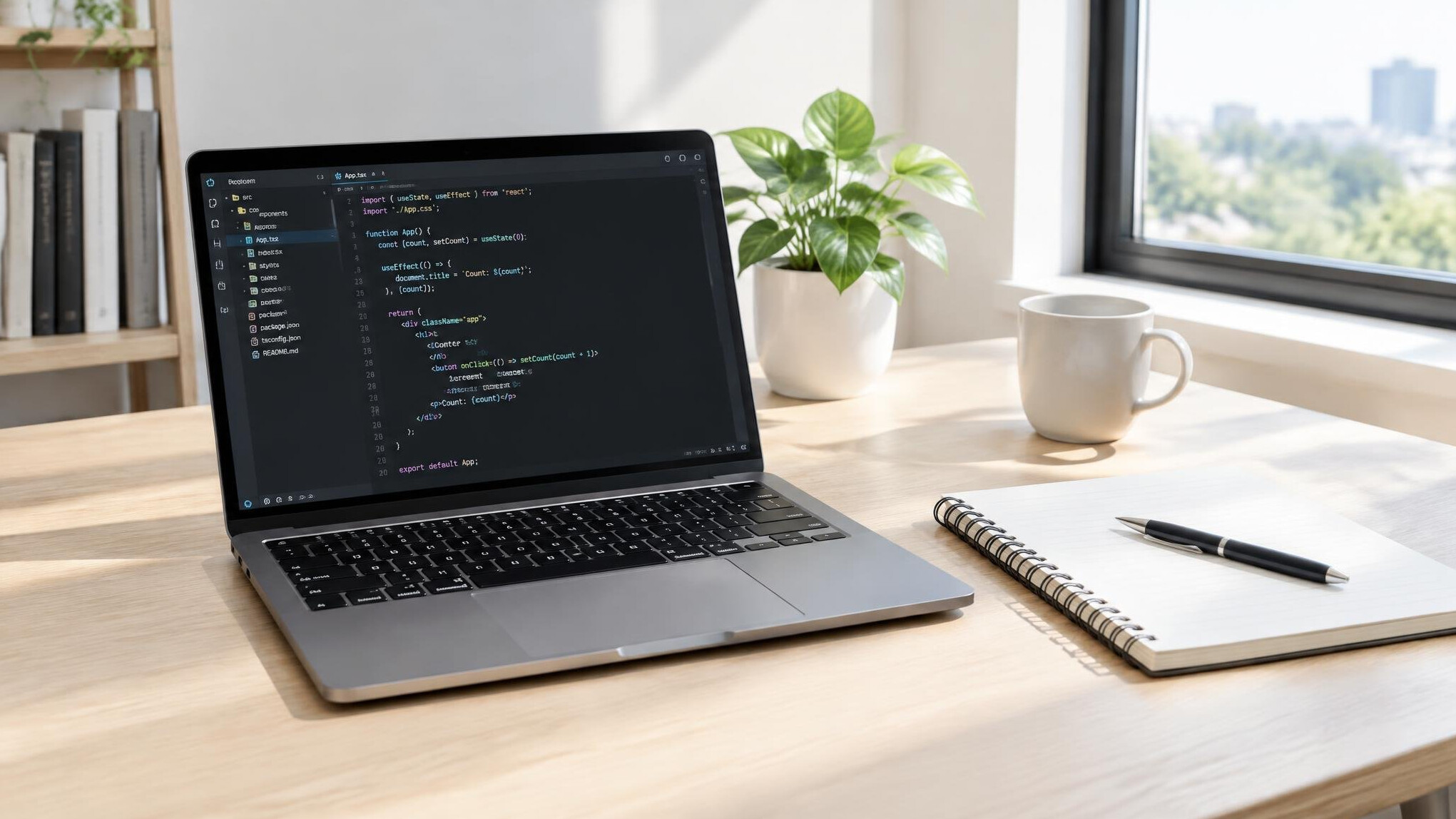 Laptop with code on a bright desk